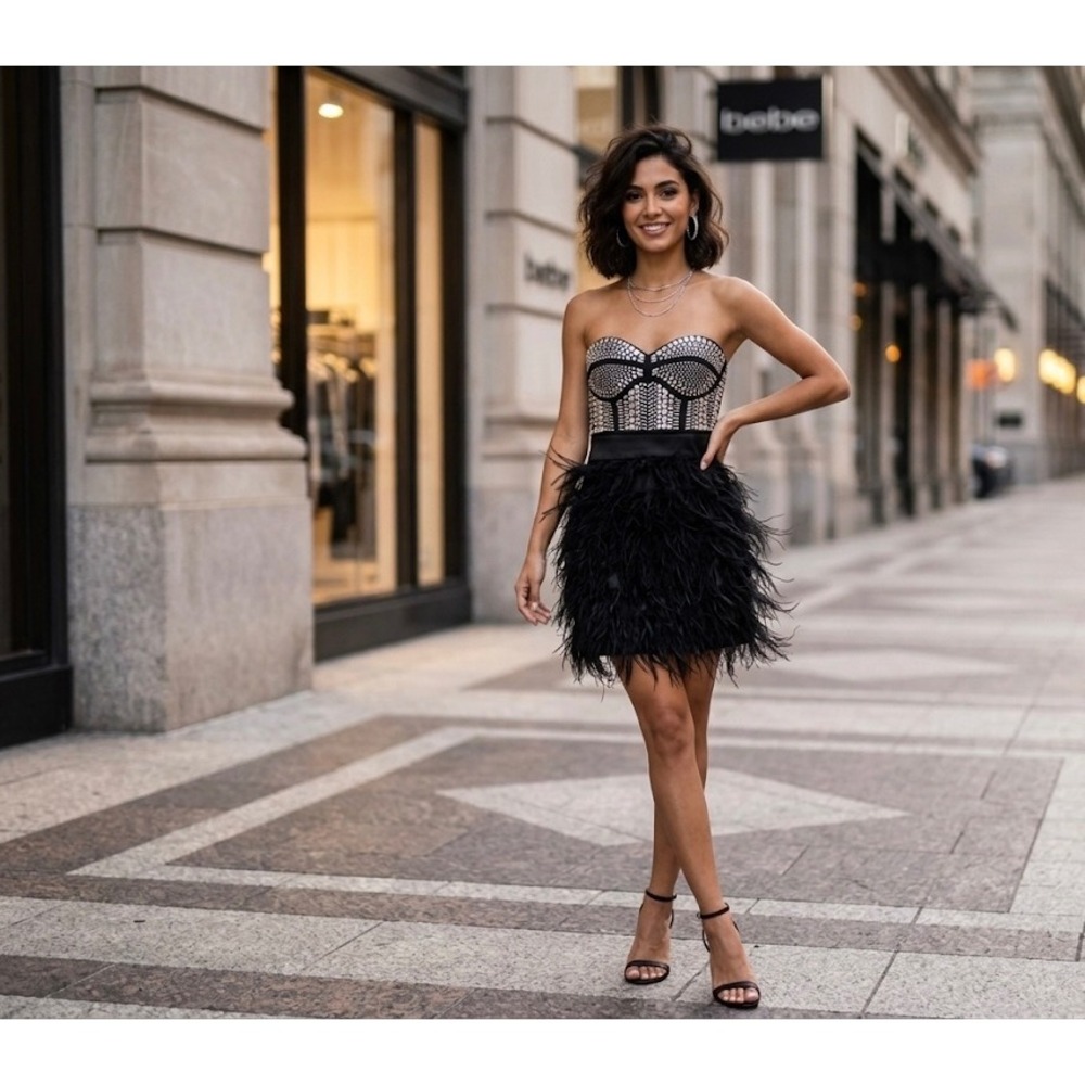 Bebe XS Black Studded Bustier Feather Mini Dress Strapless Glam